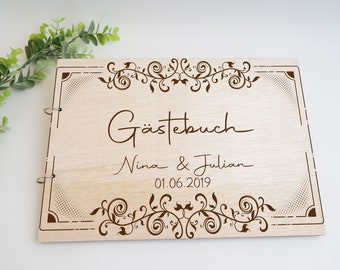 Gästebuch Hochzeit Holz, DIN A 4, personalisiertes Holzgästebuch, Querformat, Personalisiert mit Gravur