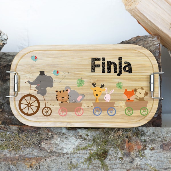 Personalized lunch box, lunch box for children printed with name, bread box for kindergarten, stainless steel with bamboo lid, motif: forest animals