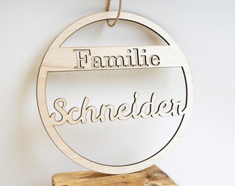 Türschild Familie, rundes Holzschild als Familienschild, Namensschild aus Holz