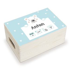 Erinnerungskiste Baby, Holz-Erinnerungsbox, personalisiertes Geschenk zur Geburt, Eisbär mit Geburtsdaten und Name, Spielzeugkiste