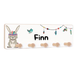 Kindergarderobe mit Name, Hakenleiste für Kinder, personalisierte Garderobenleiste mit 5 Haken, Motiv: Hase