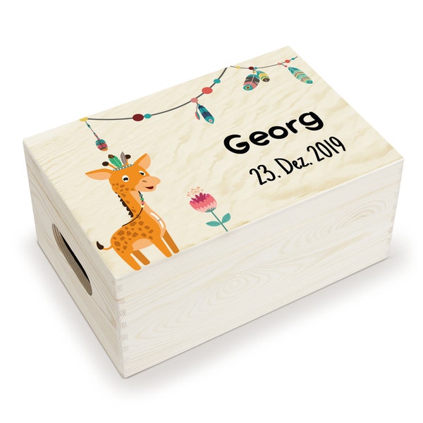 Gift for baby with birth dates and names, memory box / wooden box for children, individual box with lid, giraffe