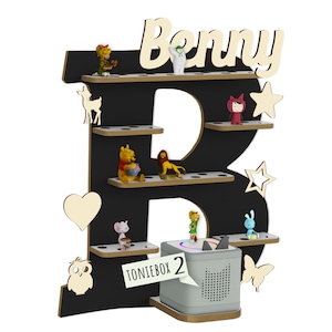 Regal für Musikbox, Wandregal Toniefiguren, personalisiert mit Name, Aufbewahrung für Tonies, Halterung für Toniebox, Motiv: Buchstabe "B" Diamantgrau + Box 2
