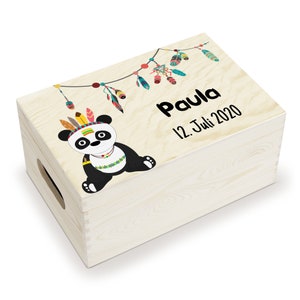 Geschenk zur Geburt, Erinnerungskiste für Baby, Erinnerungsbox, personalisierbare Holzkiste mit Name und Datum, mit Deckel, Motiv: Panda