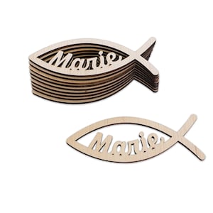 Wooden table decorations, set of 10, fish with name, giveaway items for communion, confirmation, baptism or birth