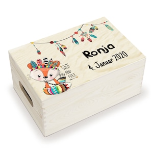 Erinnerungskiste Baby, aus Holz, Erinnerungsbox, personalisierbar mit Name und Datum, individuelle Holzkiste mit Deckel, Wild & Free Fuchs