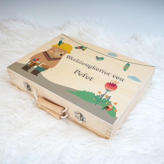 personalisiertes Geschenk für Kinder, Werkzeugkoffer aus Holz, Holzspielzeug, Geschenk für Heimwerker, Motiv: Bär