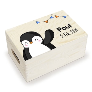 Erinnerungskiste Baby, aus Holz, Erinnerungsbox, personalisierbar mit Geburtsdaten und Namen, individuelle Holzkiste mit Deckel, Pinguin