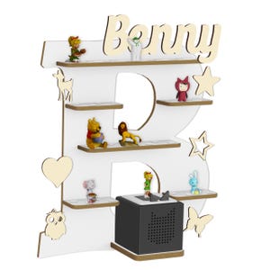 Regal für Musikbox, Wandregal Toniefiguren, personalisiert mit Name, Aufbewahrung für Tonies, Halterung für Toniebox, Motiv: Buchstabe "B" Weiß + Box 1