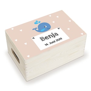 personalisiertes Geschenk für Babys, Holzkiste mit Geburtsdatum und Name für Kinder, Spielekiste, individuelle Holzkiste mit Deckel, Wal