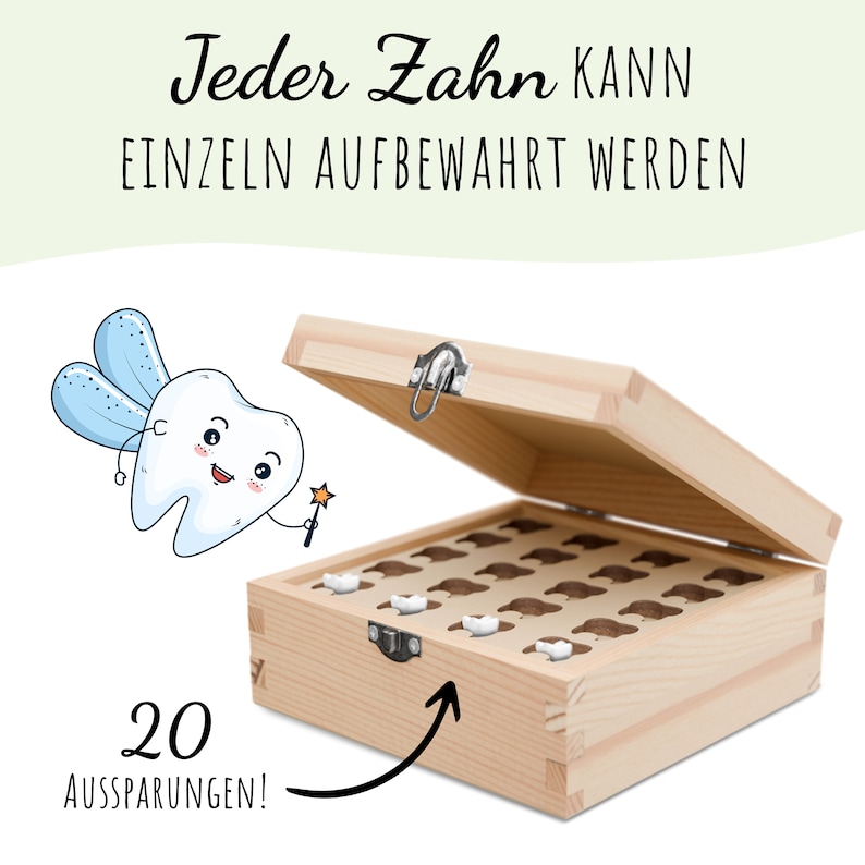 Diese edle, personalisierbare Milchzahndose aus Holz, mit 20 Fächern für Milchzähne, ist das perfekte Ostergeschenk für dein Kind, um Erinnerungen liebevoll zu bewahren.