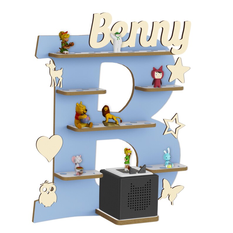 Regal für Musikbox, Wandregal Toniefiguren, personalisiert mit Name, Aufbewahrung für Tonies, Halterung für Toniebox, Motiv: Buchstabe "B" Horizontblau + Box 1