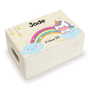 Erinnerungskiste, Holzkiste mit Geburtsdatum und Name für Kinder, aus Holz, Holzbox für Babys, individuelle Holzkiste mit Deckel, Regenbogen