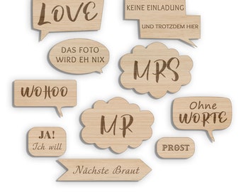 Robuste Photo Booth Fotobox Requisiten Schilder und Sprüche graviert auf Holz | Wedding Props Zubehör für Hochzeit - Set 10 Teile