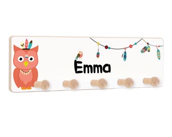 Children's coat rack, hook rail with 5 hooks, coat hooks for children, coat rack personalized with name, motif: owl