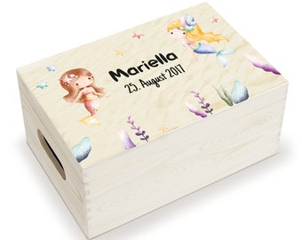 Baby memory box, made of wood, memory box, customizable with name and date, individual wooden box with lid, motif: water worlds
