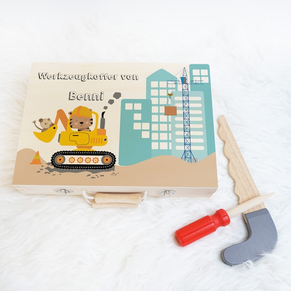 Werkzeugkoffer für Kinder, Holzwerkzeug, personalisiertes Geschenk für Kinder, Geschenk für Handwerker, Motiv: Bagger