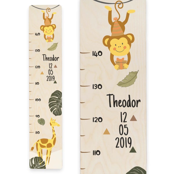 Measuring bar for the children's room, measuring bar with name and date, gift for a child's birthday, motif: monkey and giraffe