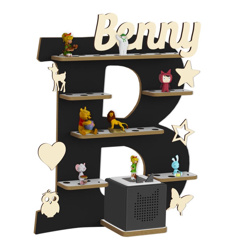 Regal für Musikbox, Wandregal Toniefiguren, personalisiert mit Name, Aufbewahrung für Tonies, Halterung für Toniebox, Motiv: Buchstabe "B" Diamantgrau + Box 1