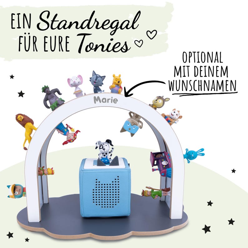 Seitenansicht des personalisierten Tonie-Regals, das die Stabilität und den sicheren Stand der Figuren demonstriert.