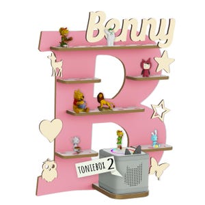 Regal für Musikbox, Wandregal Toniefiguren, personalisiert mit Name, Aufbewahrung für Tonies, Halterung für Toniebox, Motiv: Buchstabe "B" Flamingopink + Box 2