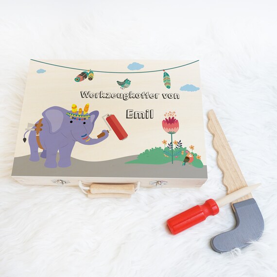 personalisiertes Holzspielzeug für Kinder, Werkzeugkoffer aus Holz, Geschenk für Heimwerker, Geschenk zur Taufe, Motiv: Elefant