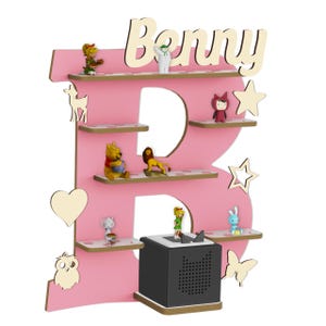 Regal für Musikbox, Wandregal Toniefiguren, personalisiert mit Name, Aufbewahrung für Tonies, Halterung für Toniebox, Motiv: Buchstabe "B" Flamingopink + Box 1