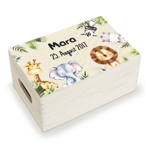 Erinnerungskiste Baby, aus Holz, Erinnerungsbox, personalisierbar mit Name und Datum, individuelle Holzkiste mit Deckel, Motiv: Waldtiere