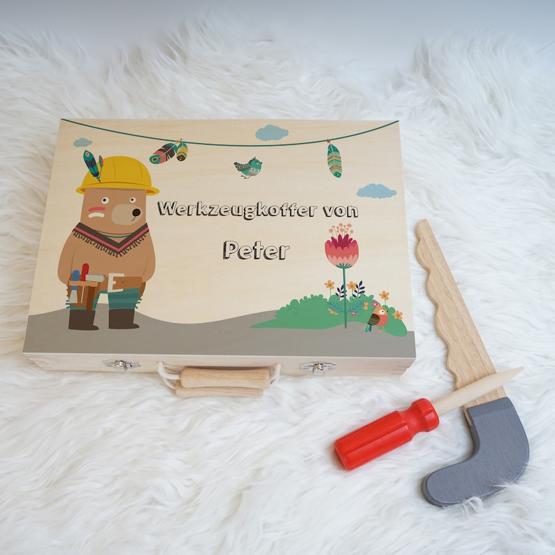 Blick auf die Innenseite des Werkzeugkoffers, der die drehbaren Leisten zeigt, in denen die Werkzeuge stecken.