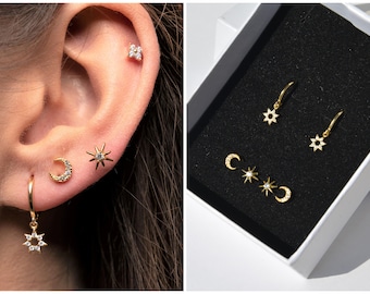 mismatched earrings studs set | hoop earrings set of 3 | sun and moon earrings | Celestial Earrings