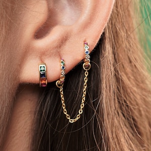 Double piercing earring - huggie hoops - handcuff earrings - chain connected hoop earrings