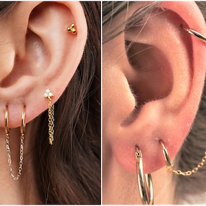 double piercing earring - Huggie hoops gold - Handcuff hoop earrings -  chain earrings double piercing