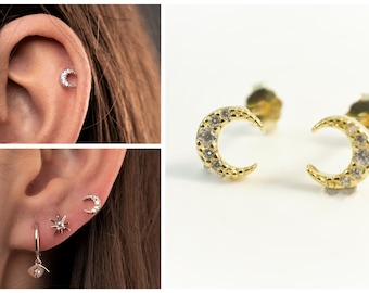 Moon Studs | Delicate earrings | tiny stud earrings | small earrings | gold moon earrings | cartilage earring
