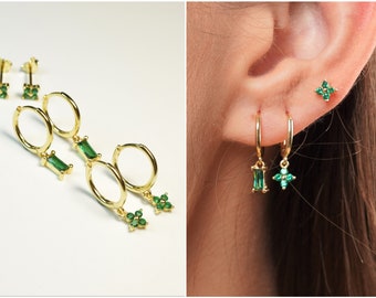 Emerald Baguette Earrings |  tiny emerald hoop earrings | green hoop earrings |  emerald cut post earrings | gold emerald earrings