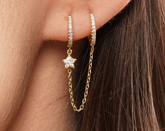 Double piercing earring - huggie hoops - handcuff hoop earrings - Chain Earrings - star earrings - chain connected hoop earrings