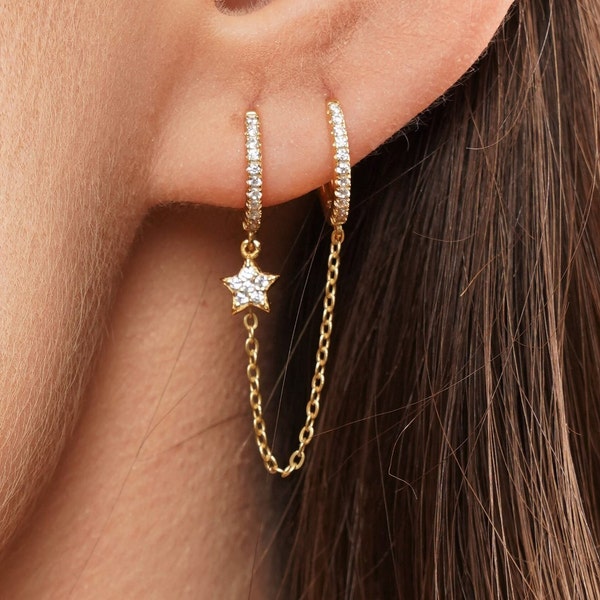 Boucle d'oreille double piercing - créoles huggie - créoles menottes - boucles d'oreilles chaîne - boucles d'oreilles étoiles - créoles reliées par une chaîne