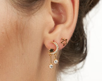 moon studs - moon earrings - star earrings - moon star earrings - celestial earrings