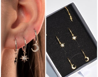 SET earrings - moon and star earrings - lightning bolt earrings - set of 3 earrings - star earrings - celestial Earrings