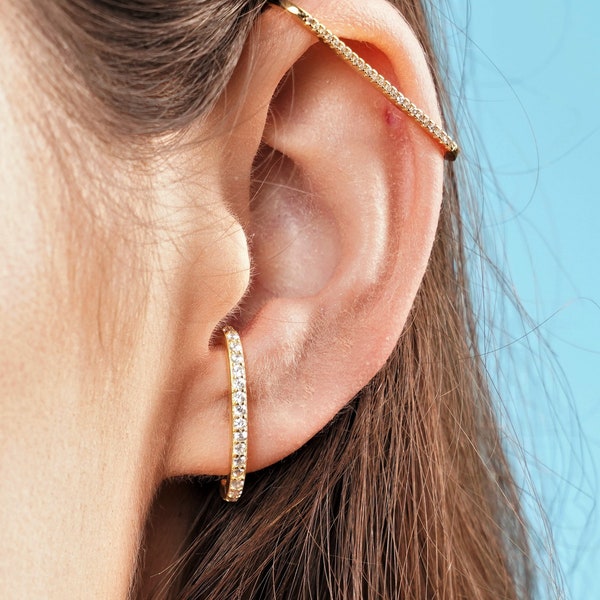 Suspender earring - Stud Lobe cuff earrings - Pave Bar Earrings - gold ear climbers - cuff earrings