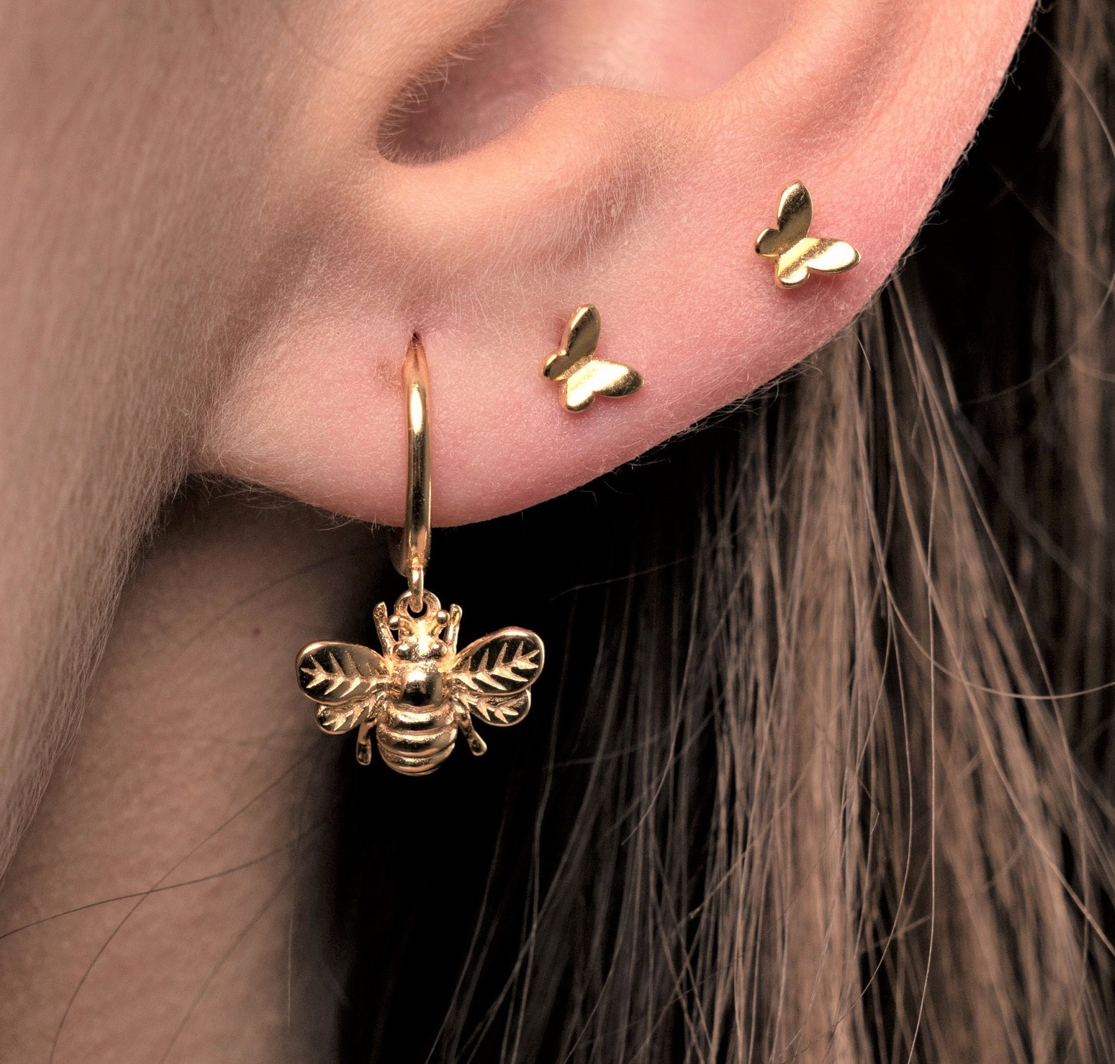 Bee Earrings Bee Hoop Earrings Gold Huggie Hoops Bee Etsy