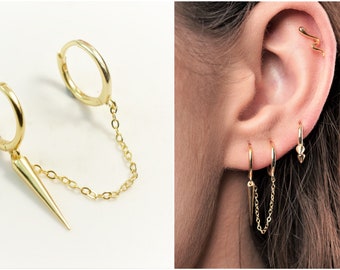 Spike double earrings - Double Piercing Earring - chain earrings - double piercing - cartilage hoop
