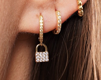 lock hoop earrings -  lock earrings lock charm earrings - dangle earrings