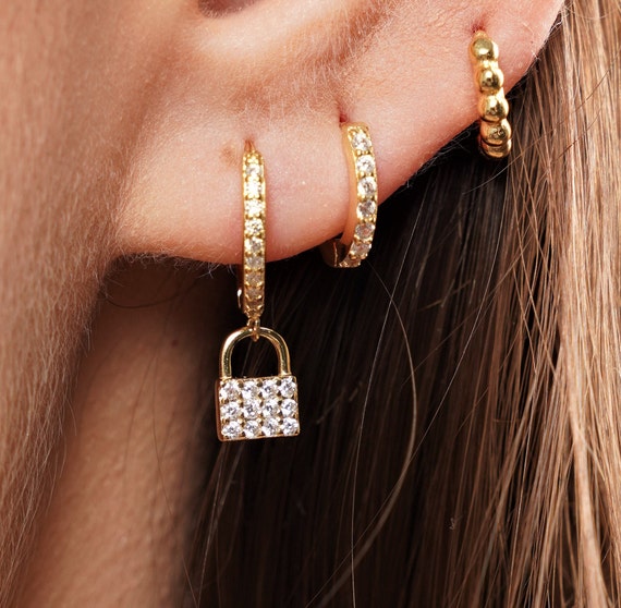 Drop Dangle Hoop Earrings with Charm Lock Key