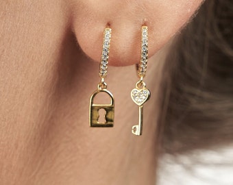 lock earrings - lock key earrings - dainty hoops -  gold earrings- tiny hoop earrings - lock hoops - key earrings