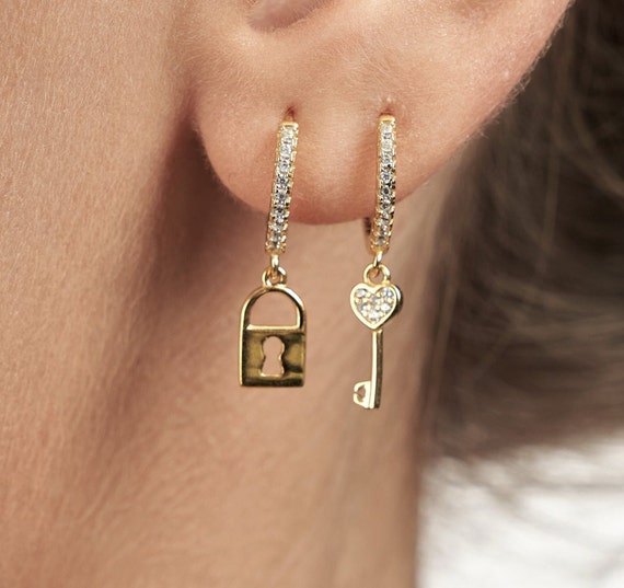 Gold Lock and Key Earrings