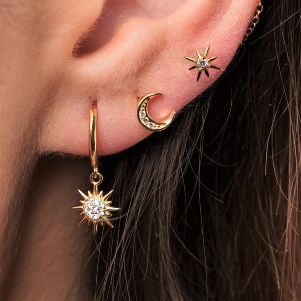 SET sun hoops - sun and moon earrings - set of 3 earrings - Moon stud earrings - moon and star earrings - moon earrings
