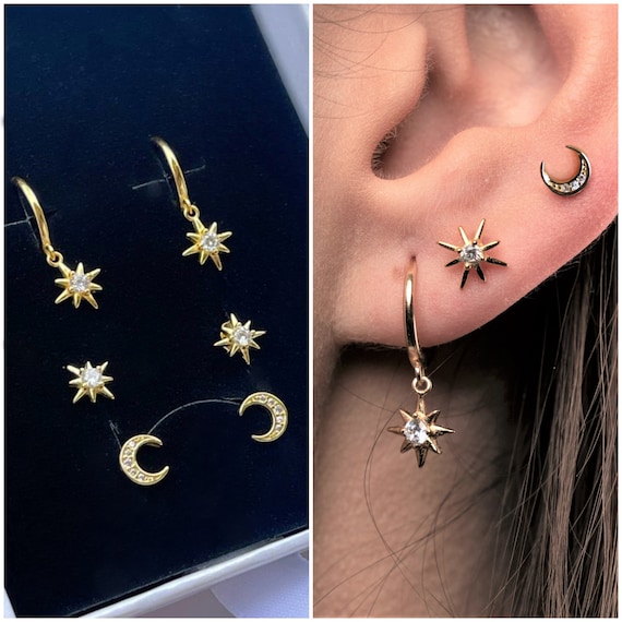 SET Moon and Star Earrings Set of 3 Earrings Star Hoop Earrings