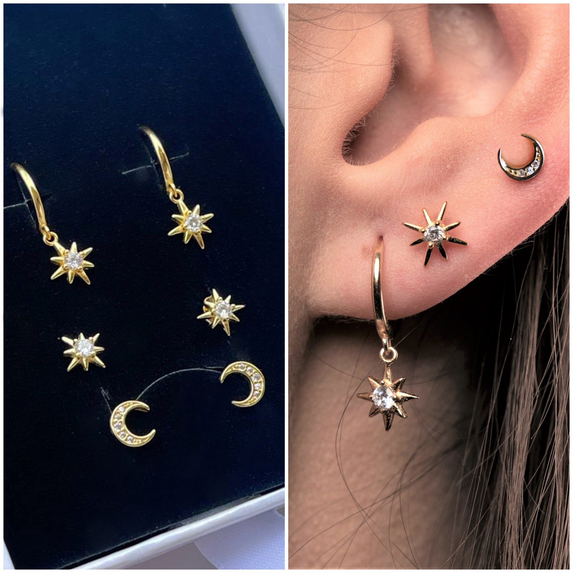 925 Sterling Silver Blue CZ Moon & Star Screw Back Earrings For Girls and  Teens 