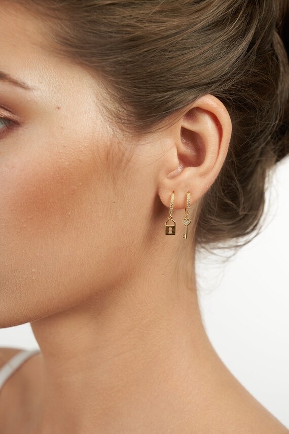 Lock Earrings Lock Key Earrings Dainty Hoops Gold -  Israel