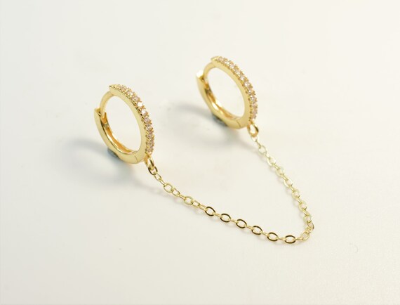CZ Double Piercing Earring Huggie Hoops Gold Handcuff Hoop